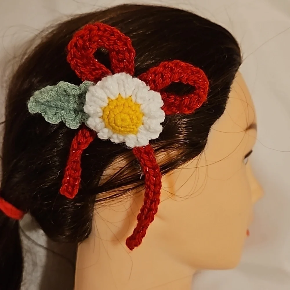 Hand Crafted Hand Knit Crochet Red Bow Barrete Hair Clip white and yellow flower